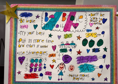 A colorful, hand-drawn math poster with the title Be Brave in Math! surrounded by stars, hearts, numbers, equations, and motivational tips like Try your best and Practice makes progress!.