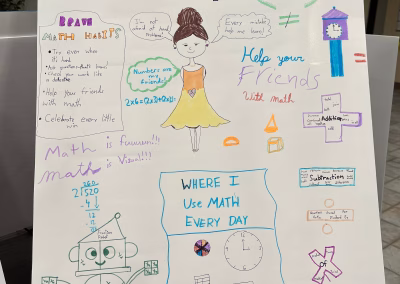 A colorful poster titled Be Brave In Math features drawings of a girl, a robot, mathematical symbols, and clocks. It includes math facts, equations, and encouraging messages about the importance and fun of math.