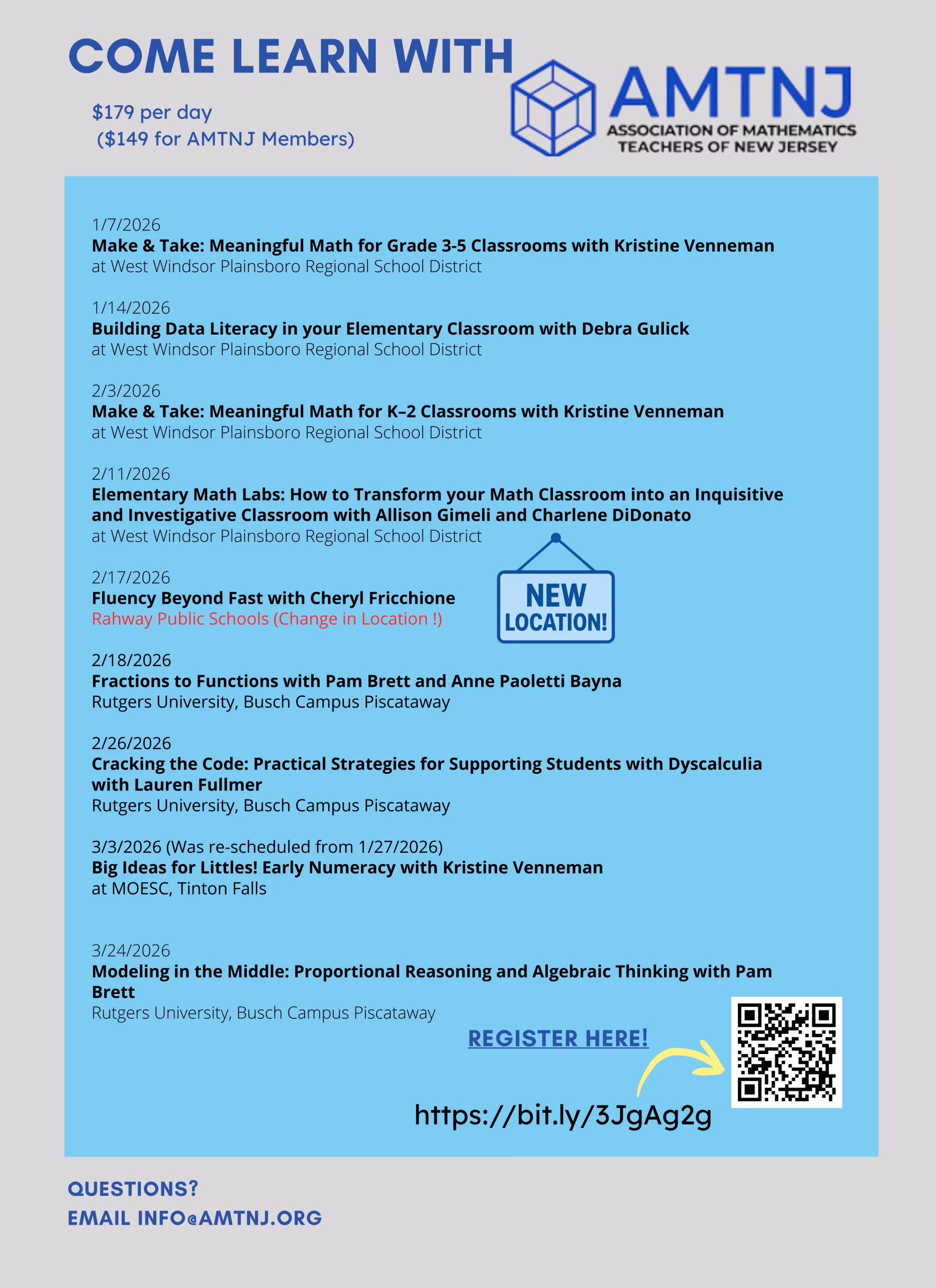 A flyer from AMTNJ lists 2026 professional development math workshops, dates, presenters, locations, topics, registration info, and a QR code. The flyer uses blue accents and includes AMTNJs logo and contact information.