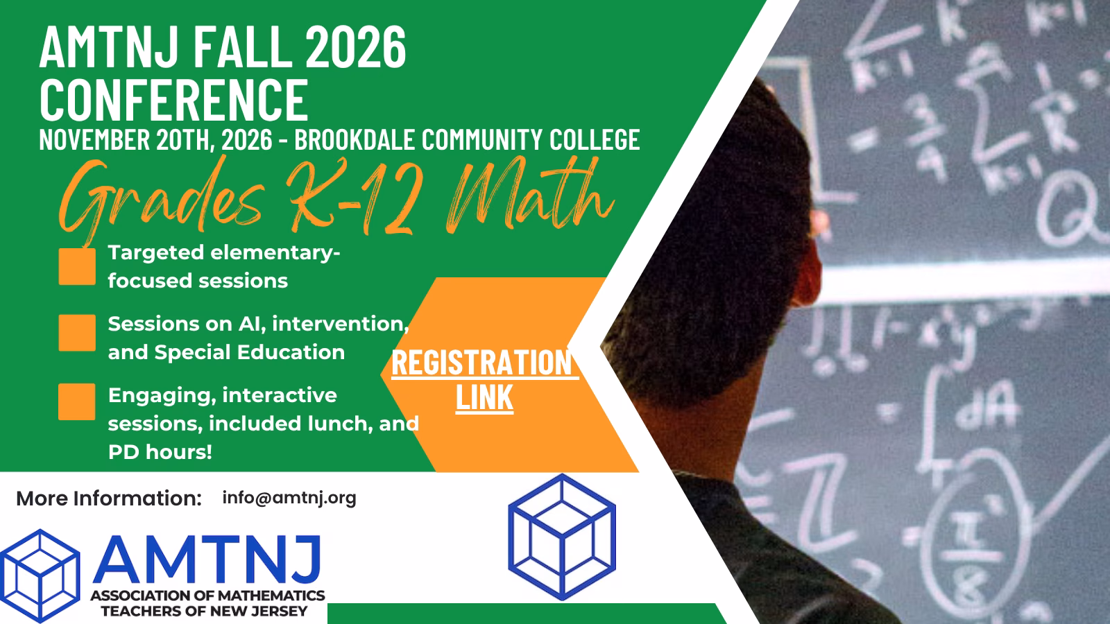 A student faces a chalkboard filled with math equations. Text promotes the AMTNJ Fall 2026 Conference for K–12 Math, detailing sessions and registration info. The AMTNJ logo and contact details appear at the bottom.