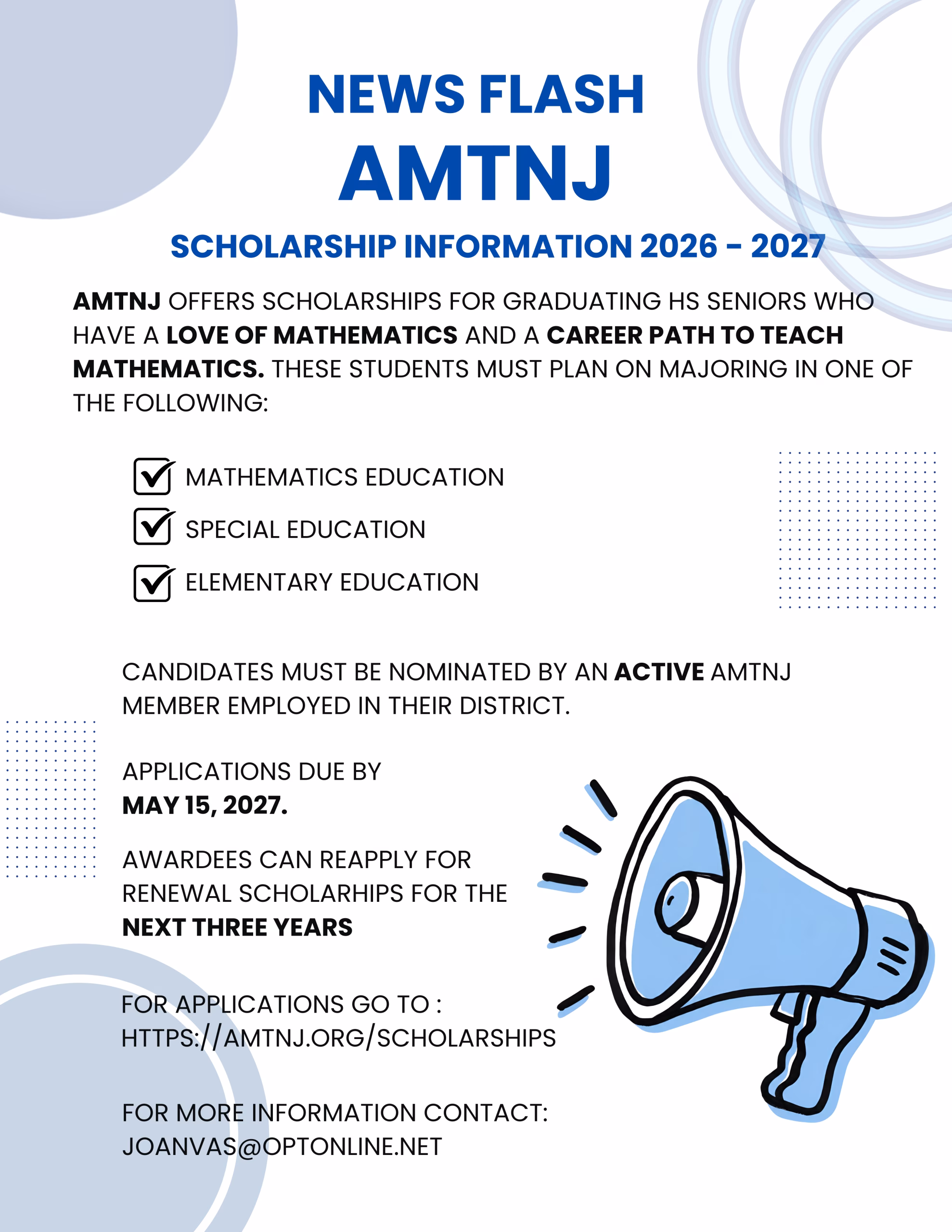 A scholarship flyer for AMTNJ 2026–2027, offering scholarships for students planning to major in math education, special education, or elementary education. Application deadline is May 15, 2027.